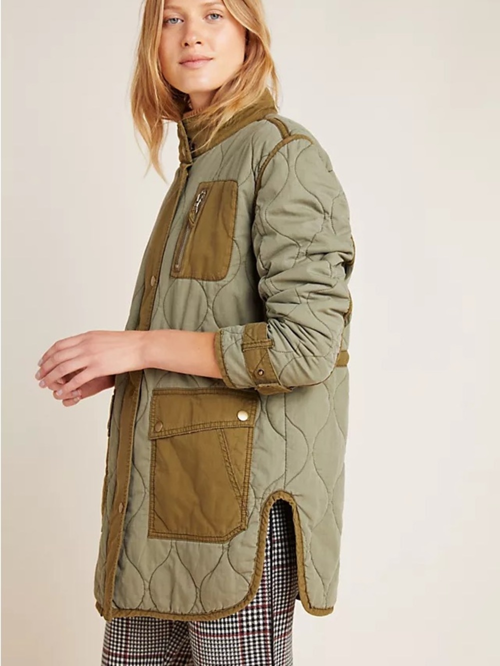 ANTHROPOLOGIE Olive Quilted Long Jacket with Contrast Pockets - Women